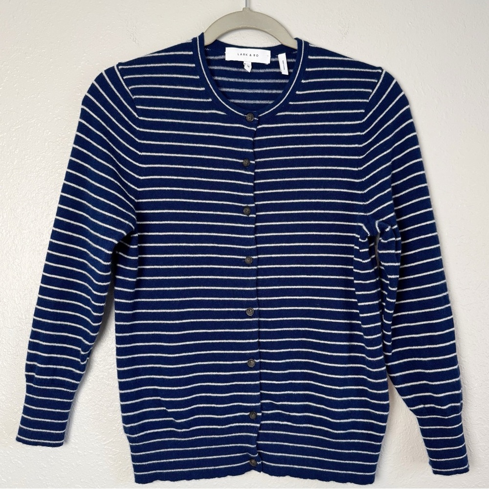 Lark & Ro cashmere blue white stripe cardigan sweater M